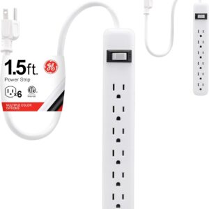 GE 6-Outlet Power Strip, 2 Pack, 1.5 Ft Extension Cord, Heavy Duty Plug, Grounded, Integrated Circuit Breaker, 3-Prong, Wall Mount, ETL Listed, White, 14833
