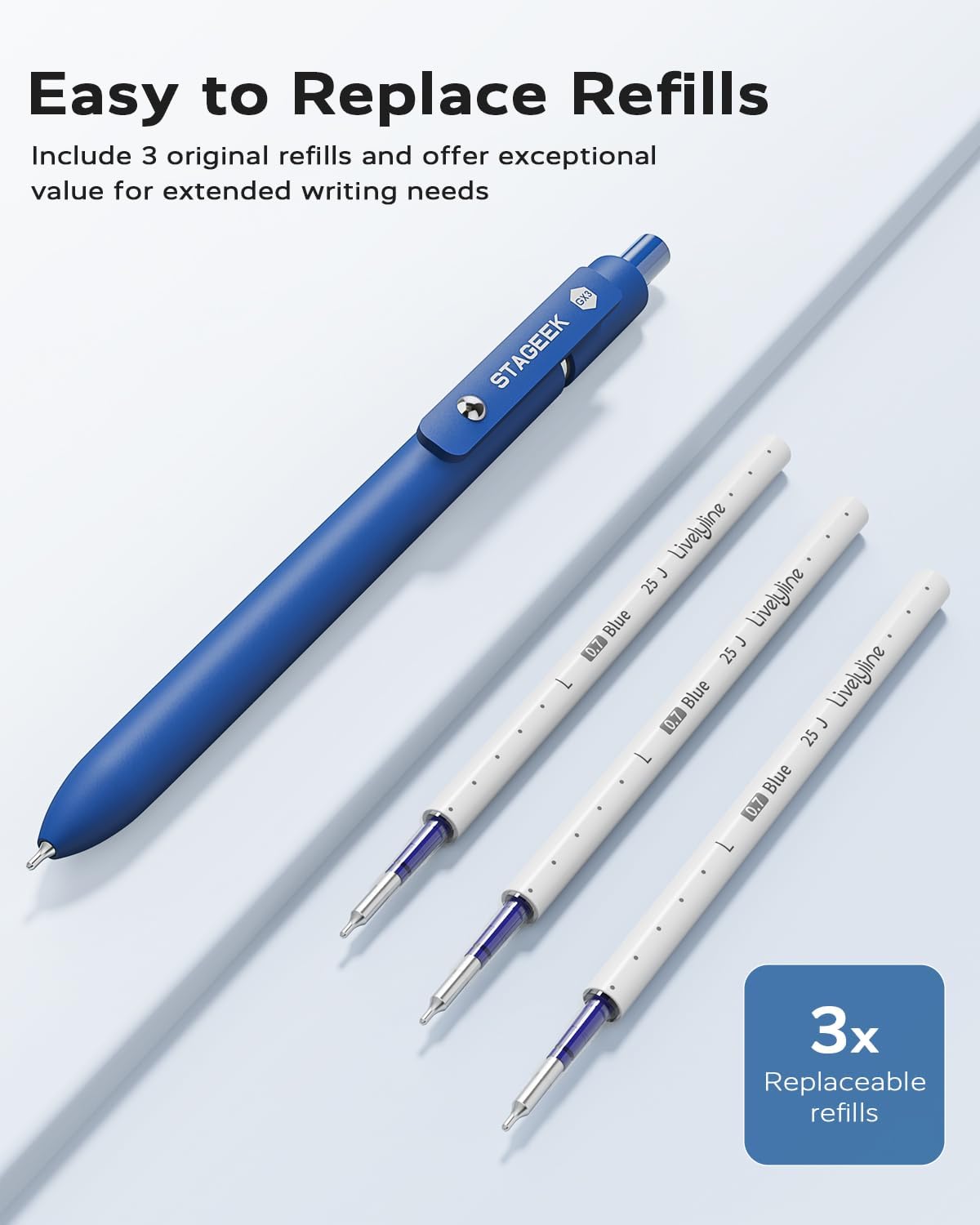 STAGEEK Blue Gel Pens GX3, 6Pcs Quick Dry Blue Ink Pens with 3 Extra Refills, Fine Point Retractable Smooth Writing Pens for Journaling, Office, Note Taking, School Supplies, Nurse Aesthetic(Blue) - Image 3