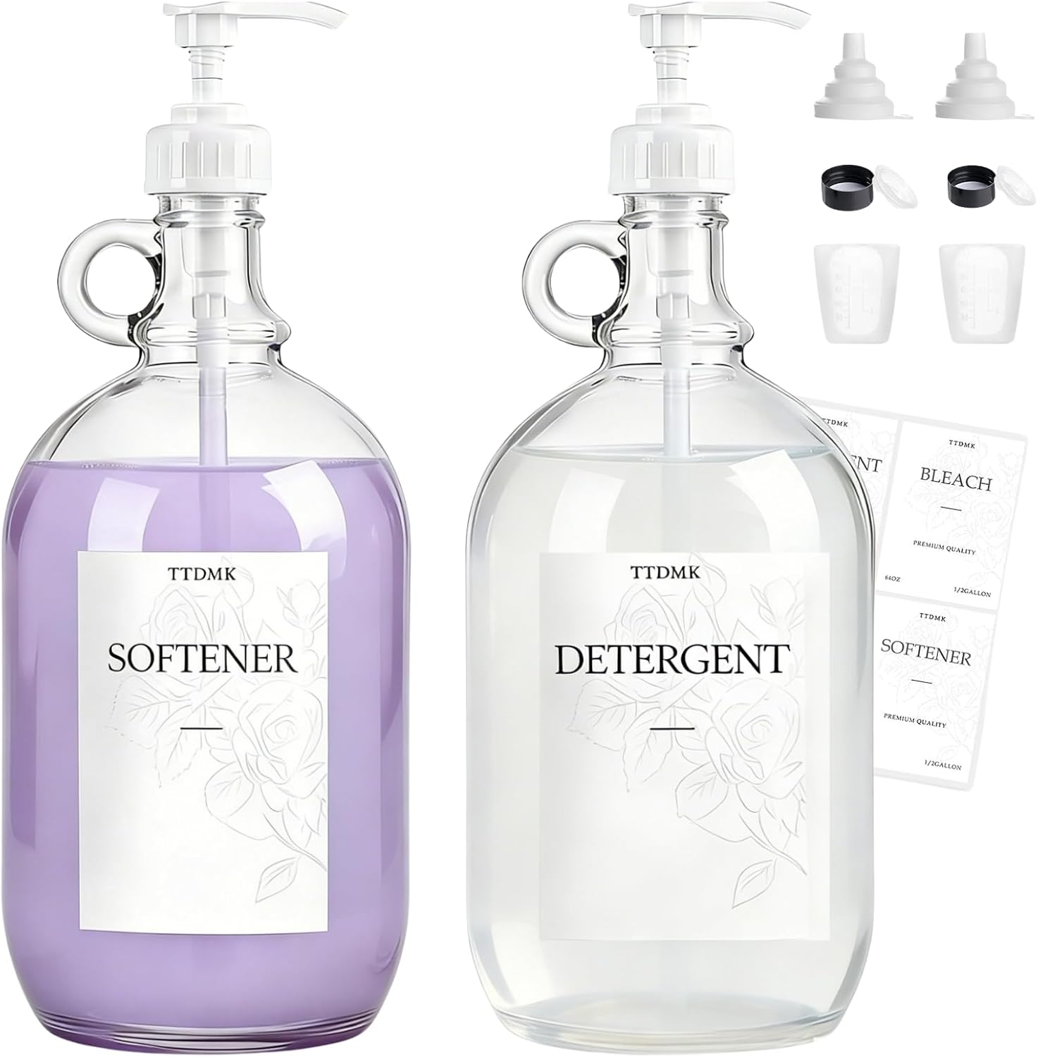 2 Pcs Glass Liquid Laundry Detergent Dispenser, Half Gallon Laundry Soap Dispenser for Laundry Room (64 oz. Each), Laundry Detergent Bottles with Pump Dispenser -Includes Labels, Funnel, Measuring Cup - Image 2