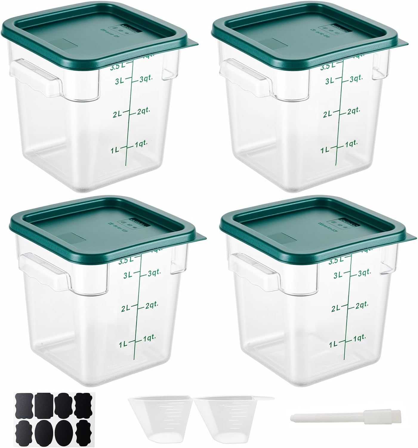 4 Pack 4QT Food Storage Containers with Green Lids, Clear Square Restaurant Commercial Food Storage Containers with Handle and Scale, Marinating Container Dough Rising Bucket for Home & Dining - Image 2