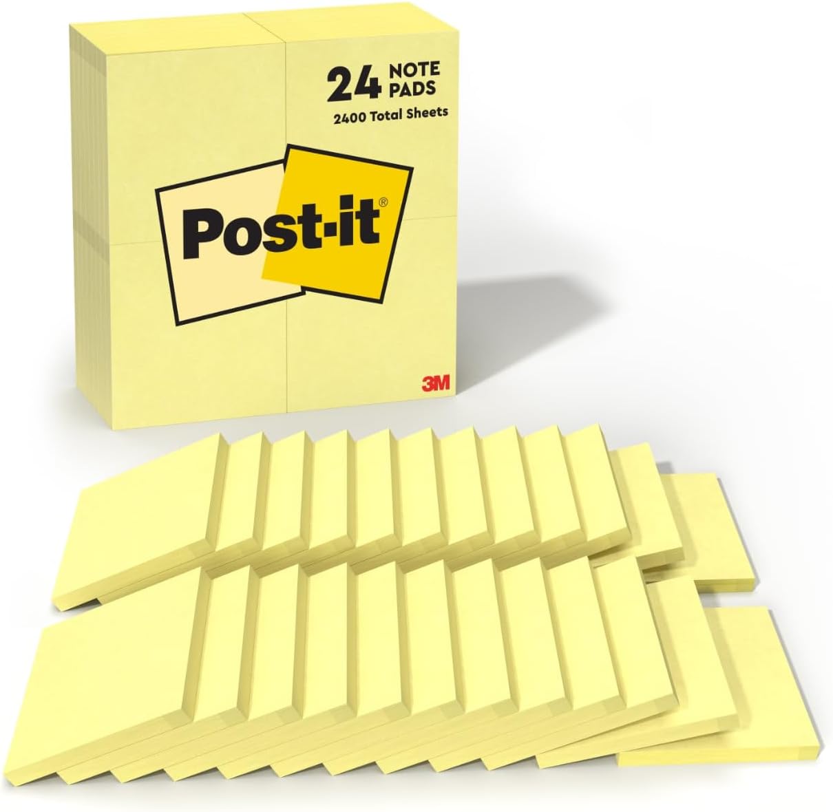 Post-it Notes, 3 in x 3 in, 24 Sticky Notes Pads, 100 Sheets per Pad, The Iconic Canary Yellow Note, School Supplies and Office Products