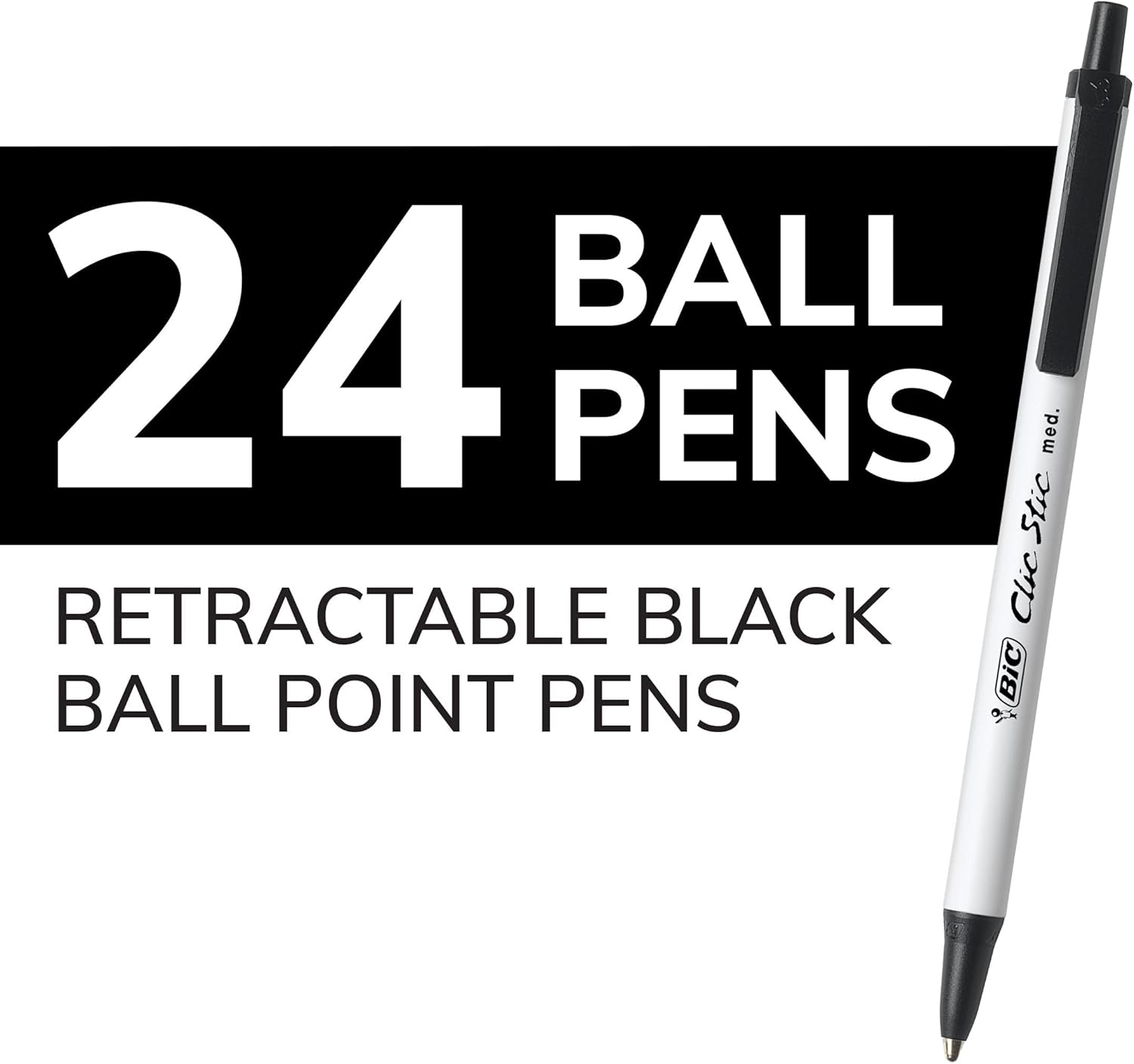 BIC Clic Stic Black Retractable Ballpoint Pens, Medium Point (1.0 mm), School Supplies for Students and Teachers, 24-Count Pack in Black - Image 4
