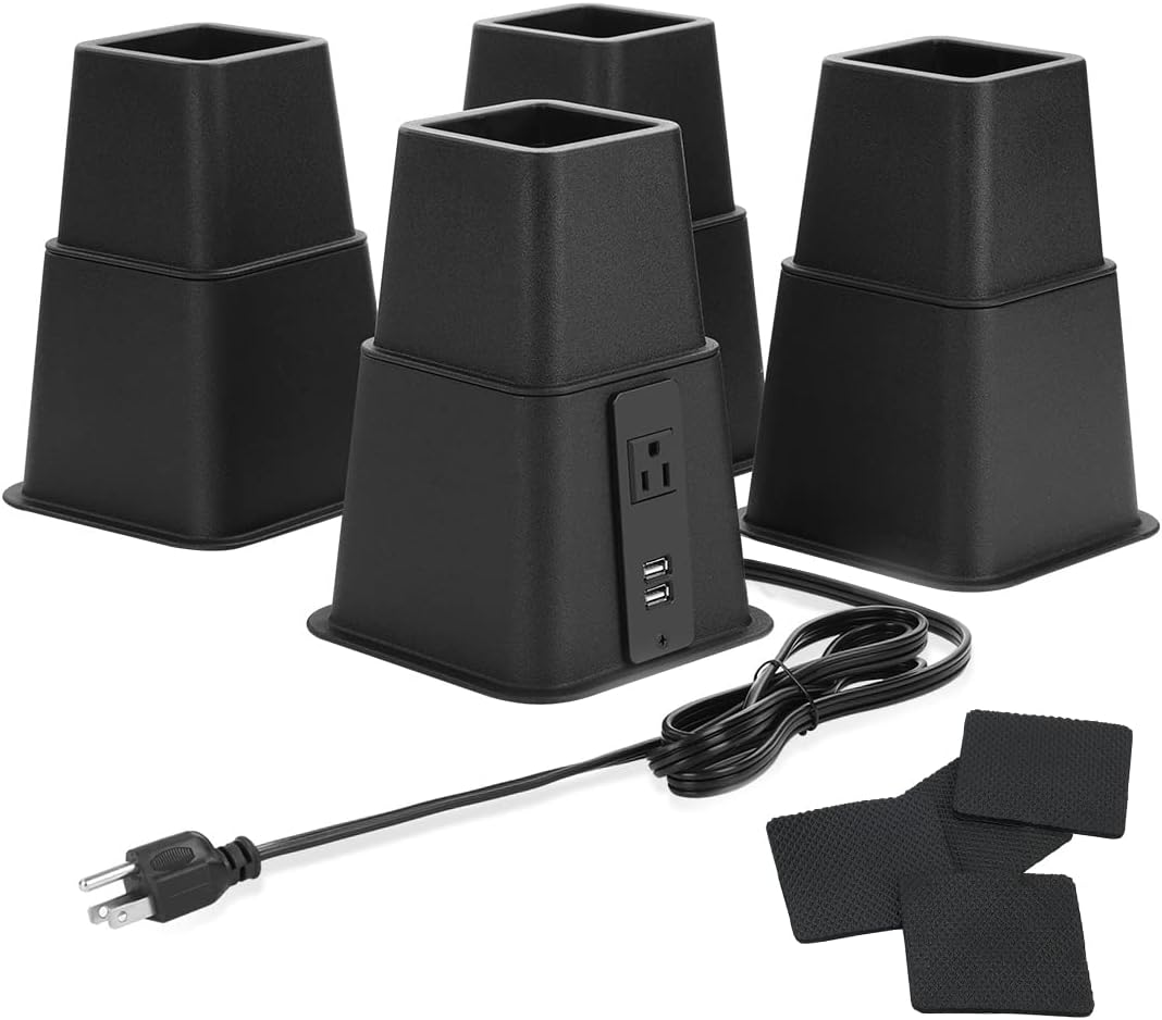 Heavy Duty Bed Risers with Power Outlet and USB, Adjustable 3, 5 or 8 Inch Bed Frame Lifts Raisers for Furniture, Bed, Sofa, College Dorm Twin, Supports up to 1500 lbs (Set of 4) - Image 2
