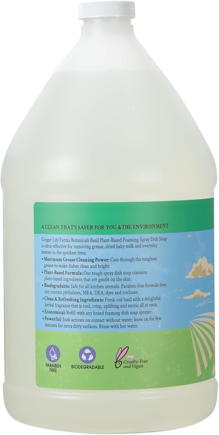 Ginger Lily Farms Botanicals Plant-Based Foaming Spray Dish Soap, Concentrated Formula with Max Grease Cleaning Power, Cruelty-Free, Basil Scent, 1 Gallon Refill (128 Fl Oz) - Image 4