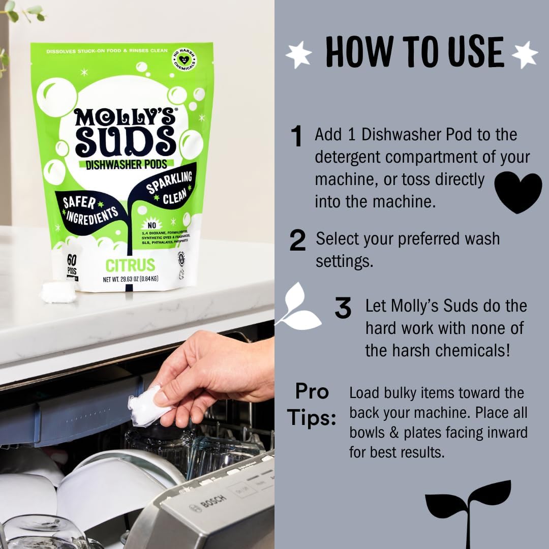 Molly's Suds Dishwasher Pods | Clean Dishwasher Detergent, Cuts Grease & Rinses Clean (Residue-Free) for Sparkling Dishes | 60 Auto-Release Tabs (Unscented) - Image 6