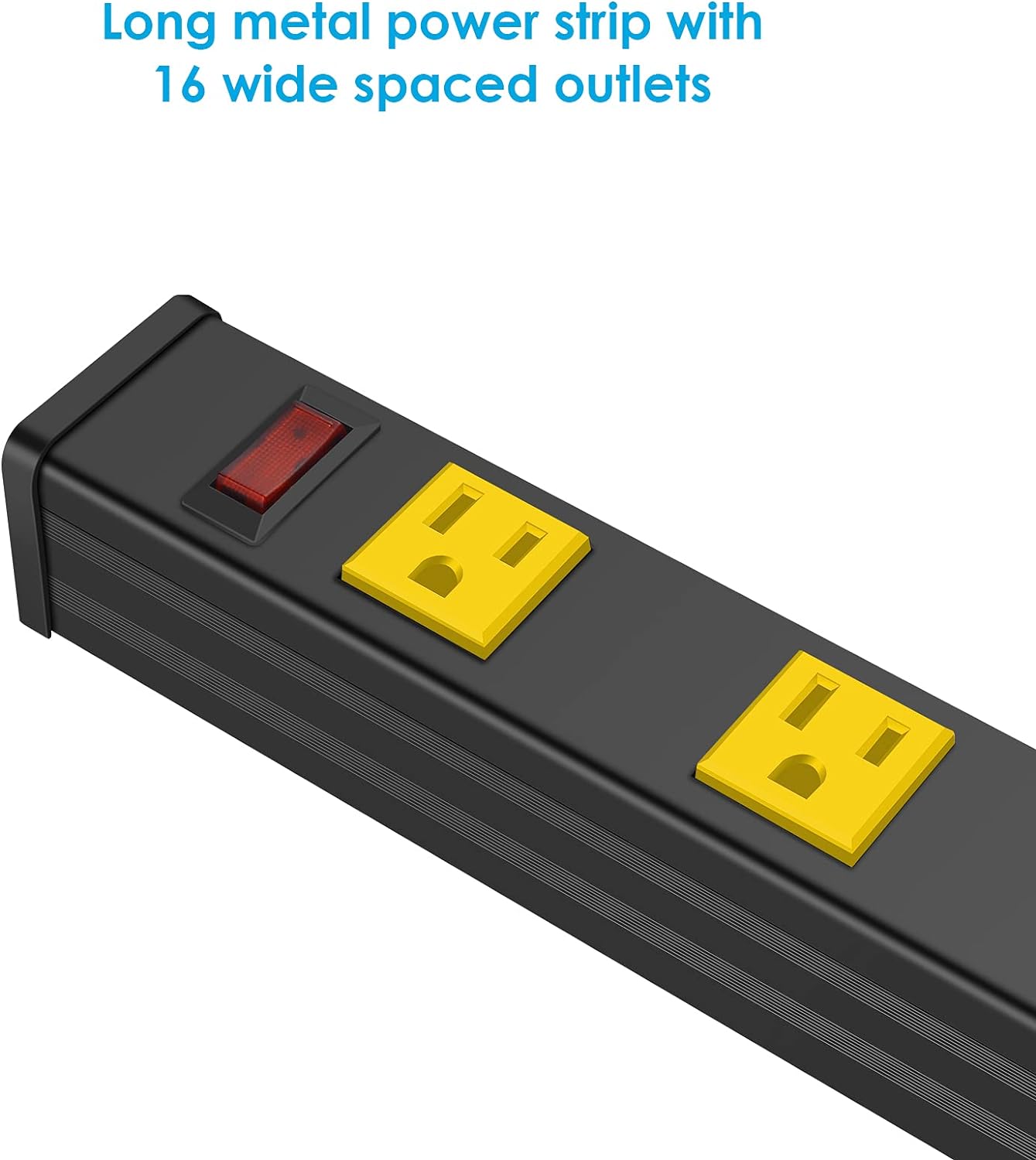JUNNUJ Long Metal 16 Outlet Wide Spaced Garage Industrial Heavy Duty Power Strip with 6 FT Cord 15A, 125V, 1875W. Yellow - Image 5