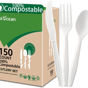 100%Compostable No Plastic Knives Disposable Forks Spoons Plastic Utensils, The Heavyweight Heavy Duty Flatware is Eco Friendly Products for Lounge Party Wedding BBQ Picnic Camping [150 Count]