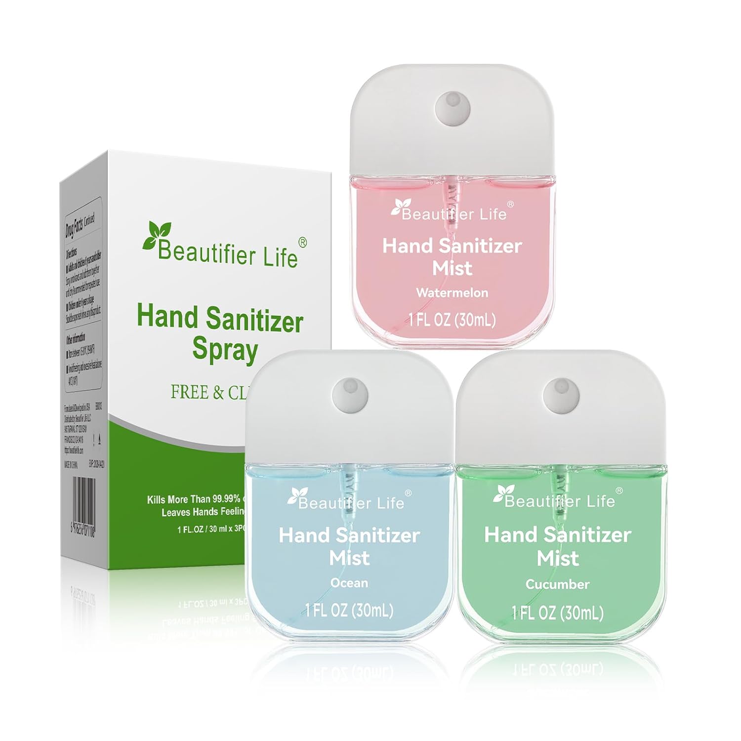 Beautifier Life Mini Portable Hand Sanitizer Spray (3-Pack) - Pocket-Sized 1 Fl Oz Travel, Ultra-Soothing 70% Alcohol Formula, Power Mist, No-Rinse Fast-Dry - Ocean Watermelon Cucumber - Image 3