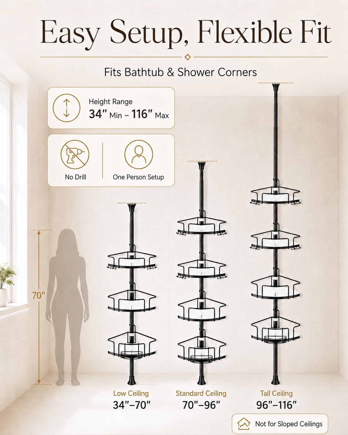 ALLZONE Corner Shower Caddy Tension Pole, 4 Hang-On Basket with Mixed-Height Shelves for Various Bottle Sizes, Extra Hooks & Soap Holder, Rustproof Stainless Steel, Fits 34–116 Inch, Black/White - Image 4