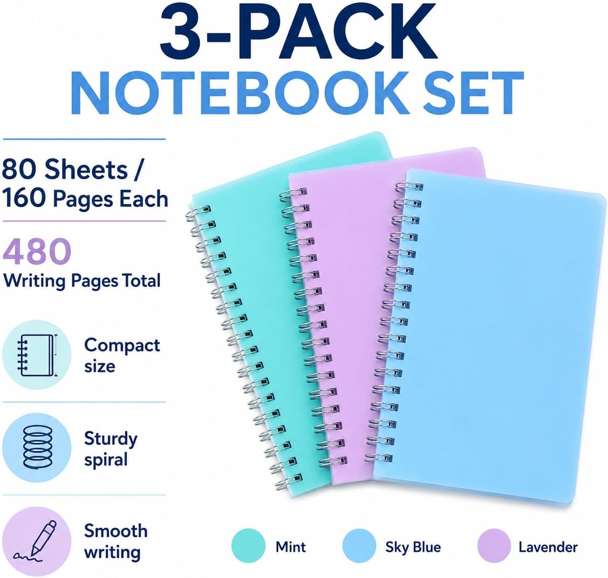 Spiral Notebook, 3 Pack Small Notebooks 4.3''x 5.7'',Mini Ruled Lined Journal, 480 Pages, College School Supplies Pocket Notebook for Work, Aesthetic Gift Office Supplies for Teen Girls,Boys - Image 3