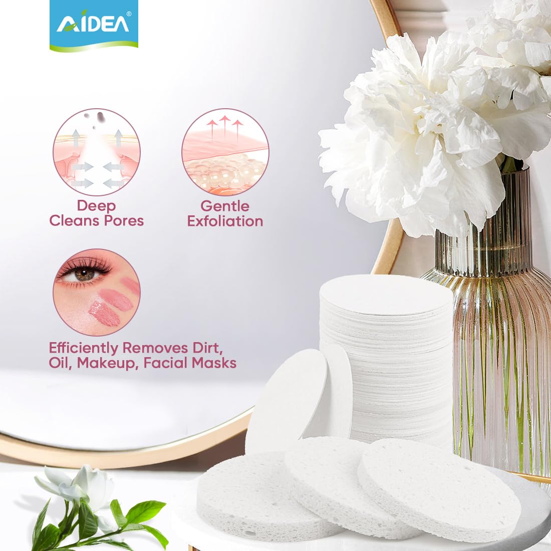 AIDEA Compressed Facial Sponges 96Count White, Round, Face Sponges for Cleansing, Travel Essentials, Natural Cellulose Cosmetic Makeup Sponge for Facial Cleansing, Exfoliating, Makeup Removal - Image 8