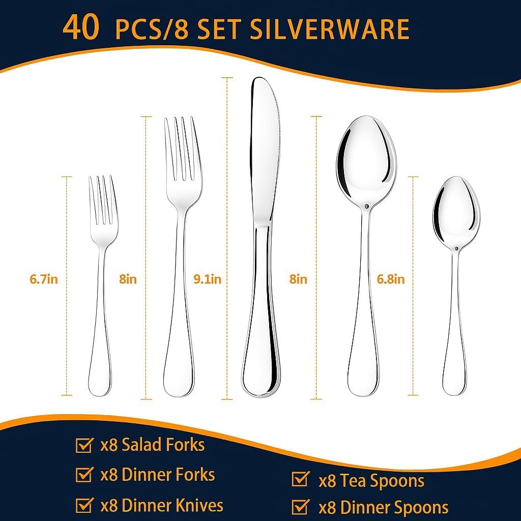 NICE KITCHEN Silverware Set, 40 Piece Stainless Steel Cutlery Sets for 8, Heavy Duty Flatware, Mirror Polished Forks Spoons and Knives Set, Reusable Utensils for Home Kitchen, Dishwasher Safe - Image 3
