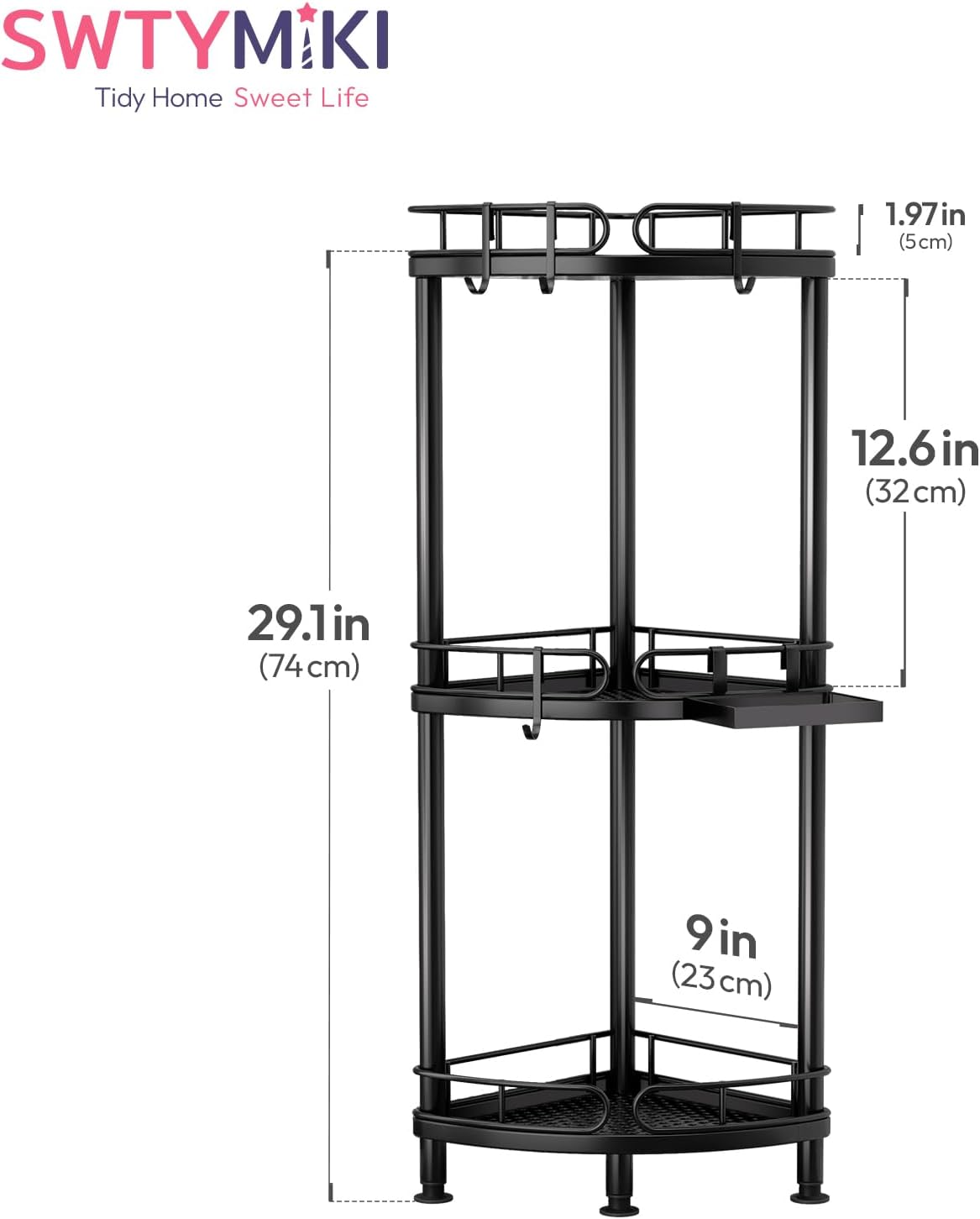 SWTYMIKI Corner Shower Caddy Standing - 3 Tier Rustproof Metal Shower Organizer Stand with Soap Holder and 4 Hooks, Freestanding Floor Shower Storage Stands for Bathroom, Black - Image 8