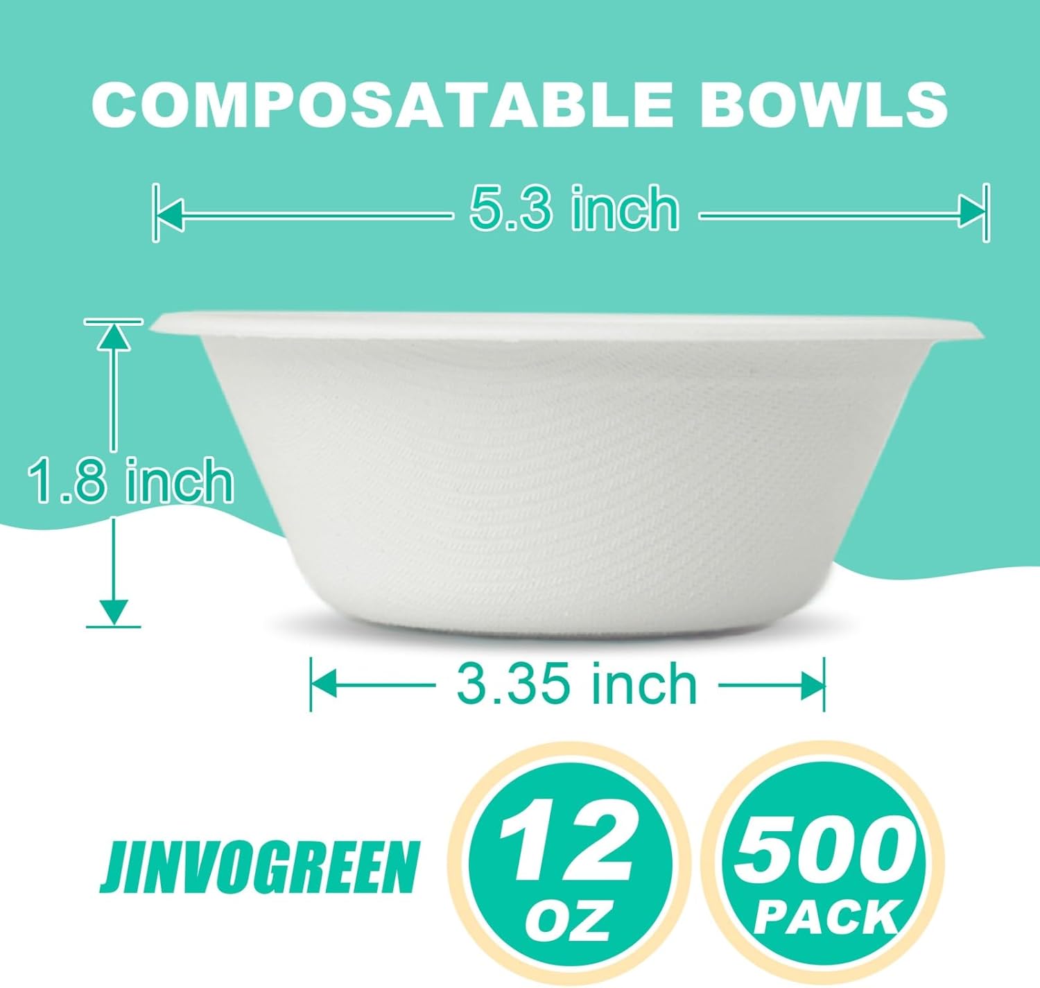 JINVOGREEN 500 Count 12 oz Paper Bowls, Disposable Compostable Bowls Bulk, Heavy Duty Biodegradable Bagasse Bowl for Snacks, Soup, and Salads, White - Image 3