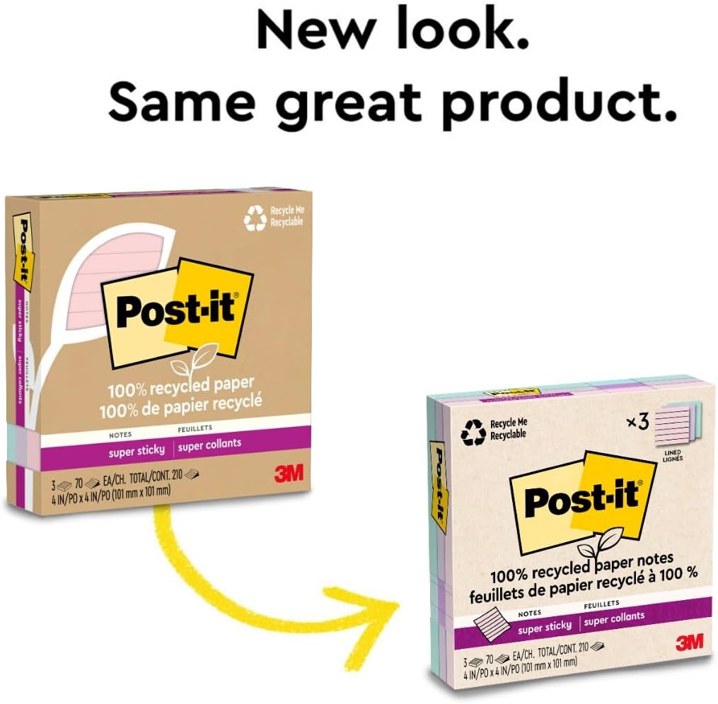 Post-it 100% Recycled Paper Super Sticky Notes, 4 in. x 4 in., 3 Pads, 70 Sheets per Pad, Wanderlust Pastels, School Supplies and Office Products - Image 10