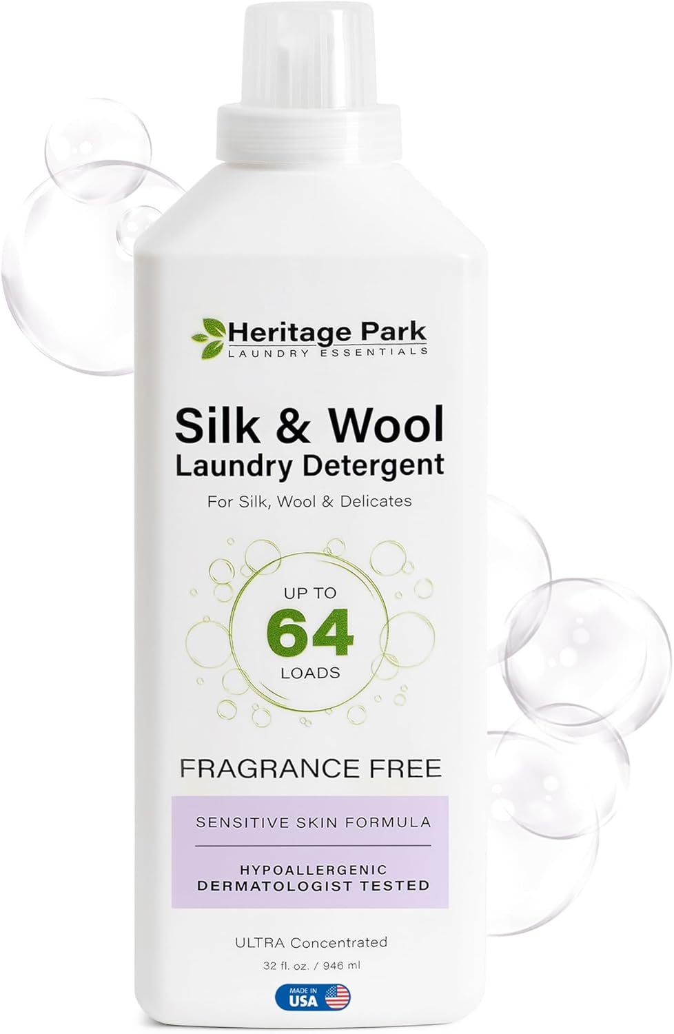 Heritage Park Silk & Wool Fragrance Free, Hypoallergenic, pH-Neutral Laundry Detergent - Dermatologist-tested, Sensitive Skin-Friendly, Enzyme-Free, Concentrated Up to 64 loads (32 fl oz) - Image 2
