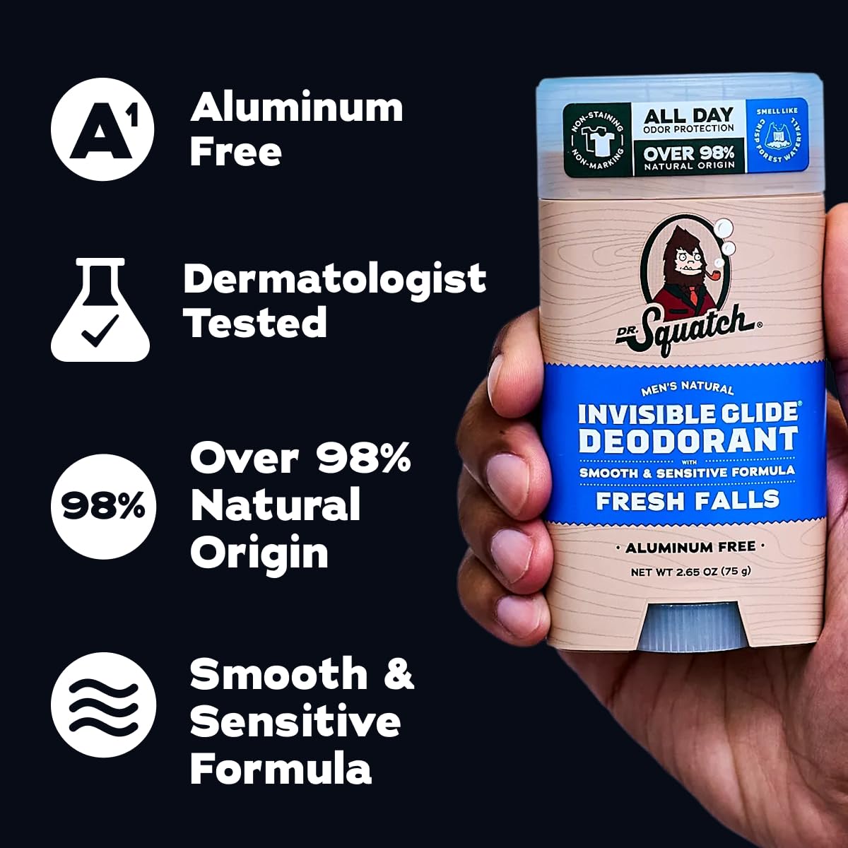 Dr. Squatch Invisible Glide Natural Men’s Deodorant – Smooth Glide, No Stains – Aluminum Free Deodorant Men – Safe for Sensitive Skin – Fresh Falls + Wood Barrel Bourbon – 2.65oz (2-Pack) - Image 6