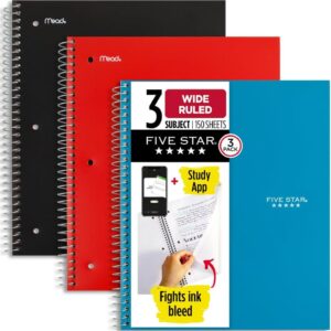 Five Star Spiral Notebook + Study App, 3 Pack, 3 Subject, Wide Ruled Paper, 8″ x 10-1/2″, Tidewater Blue, Fire Red, Black (930081)