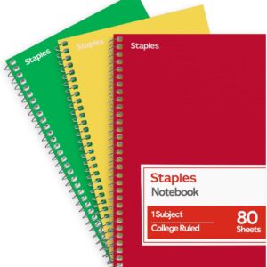 STAPLES 1‑Subject Spiral Notebook, College Ruled, 80 Sheets, Assorted Colors, 3‑Pack