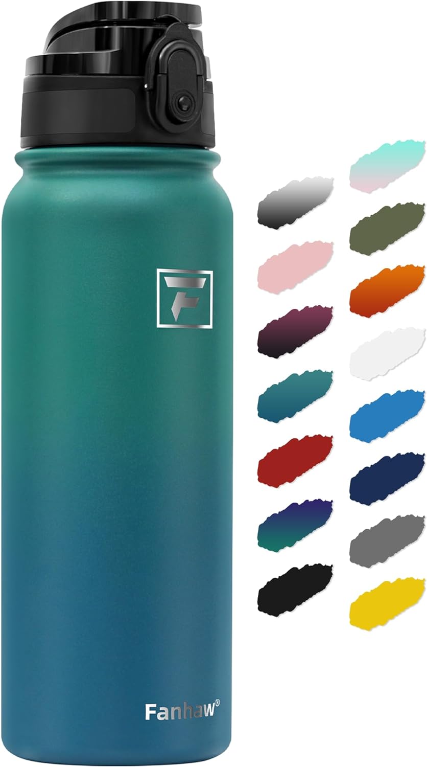 Fanhaw 20 oz Insulated Stainless Steel Water Bottle with Anti-Dust Chug Lid, Leakproof Vacuum Metal Everyday Use Bottle for Kids, Teens & Adults, Back to School Essentials (Green Blue)