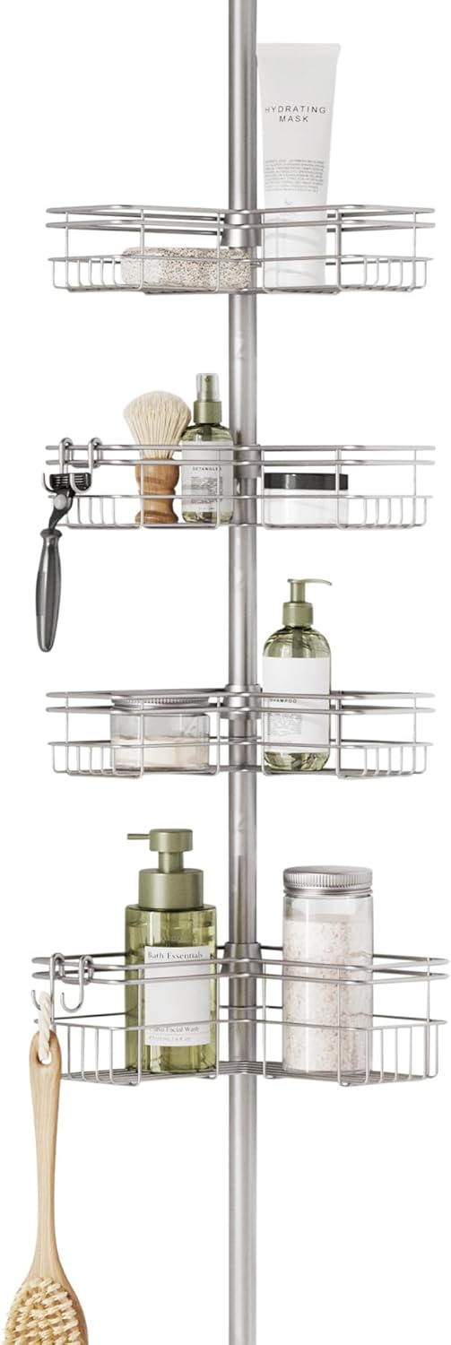 Zenna Home Tension Pole Shower Caddy Corner Organizer, Adjustable Standing Shower Caddy with 4 L-shaped Baskets and Hooks, Rust Resistant Bathroom Tension Rod Organizer, 60 to 97 Inch, Satin Nickel - Image 2