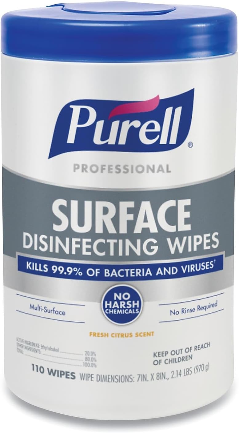 Purell Professional Surface Disinfecting Wipes, 7" x 8", Fresh Citrus, 110 Wipes Per Canister