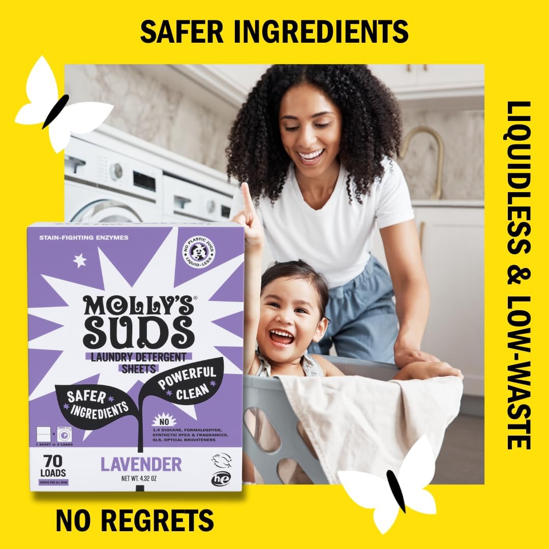 Molly’s Suds Laundry Detergent Sheets | Gentle on Sensitive Skin, Powerful Bio-Based Enzymes, Stain-Fighting | Liquidless & Plastic-Free Packaging | 120 Loads (Lavender) - Image 5