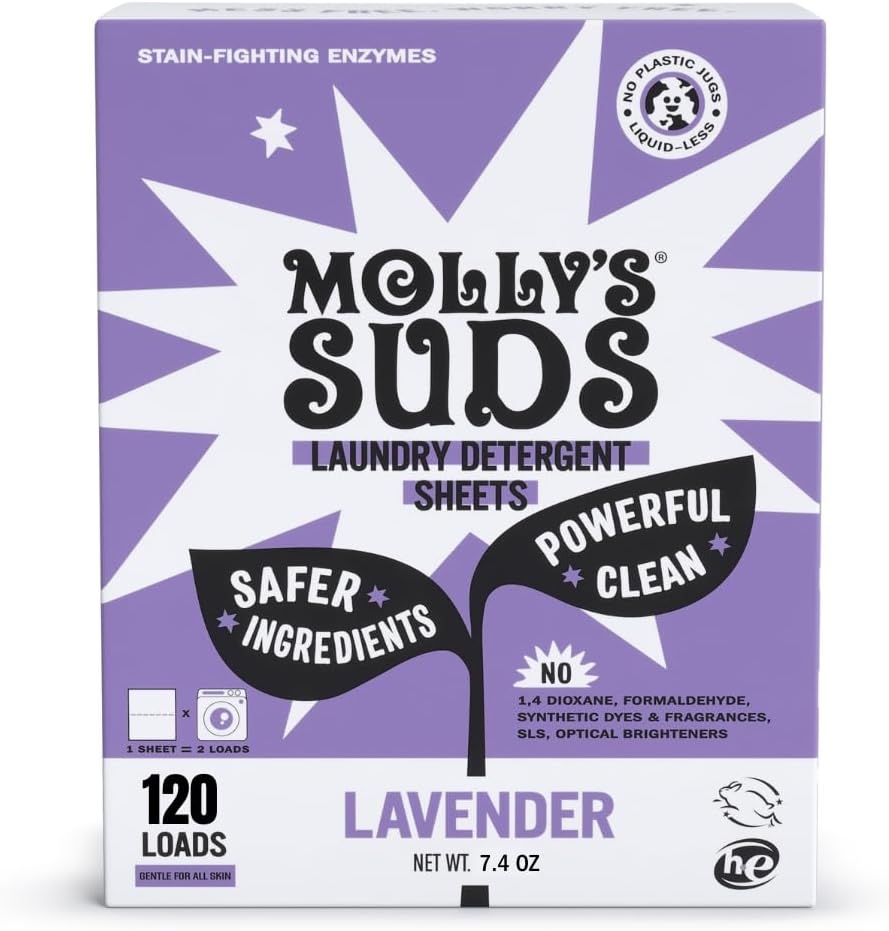 Molly’s Suds Laundry Detergent Sheets | Gentle on Sensitive Skin, Powerful Bio-Based Enzymes, Stain-Fighting | Liquidless & Plastic-Free Packaging | 120 Loads (Lavender) - Image 2