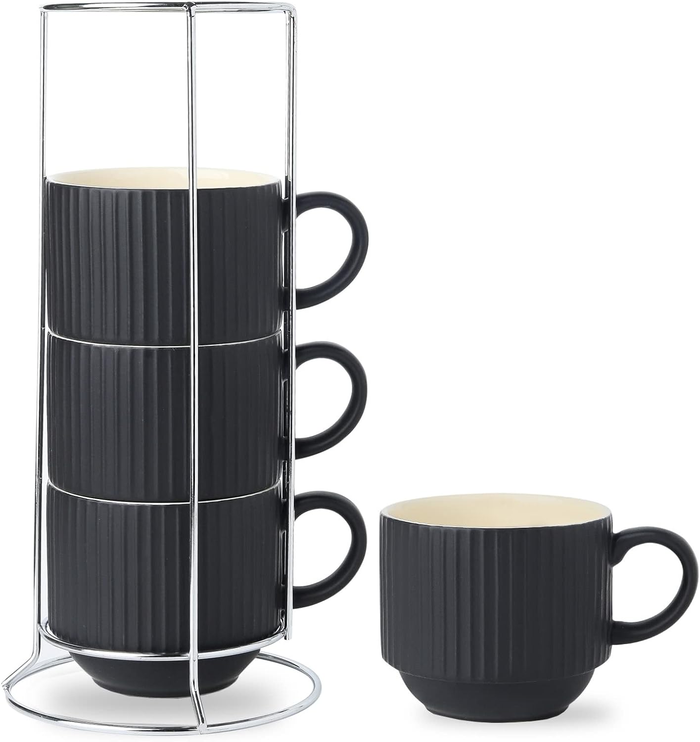 HASENSE Coffee Mug Ceramic Set of 4 with Stand, Stackable Large Latte Cups with Metal Stand, Dishwasher & Microwave Safe, Black for Cappuccino Tea Hot Cocoa - Image 2
