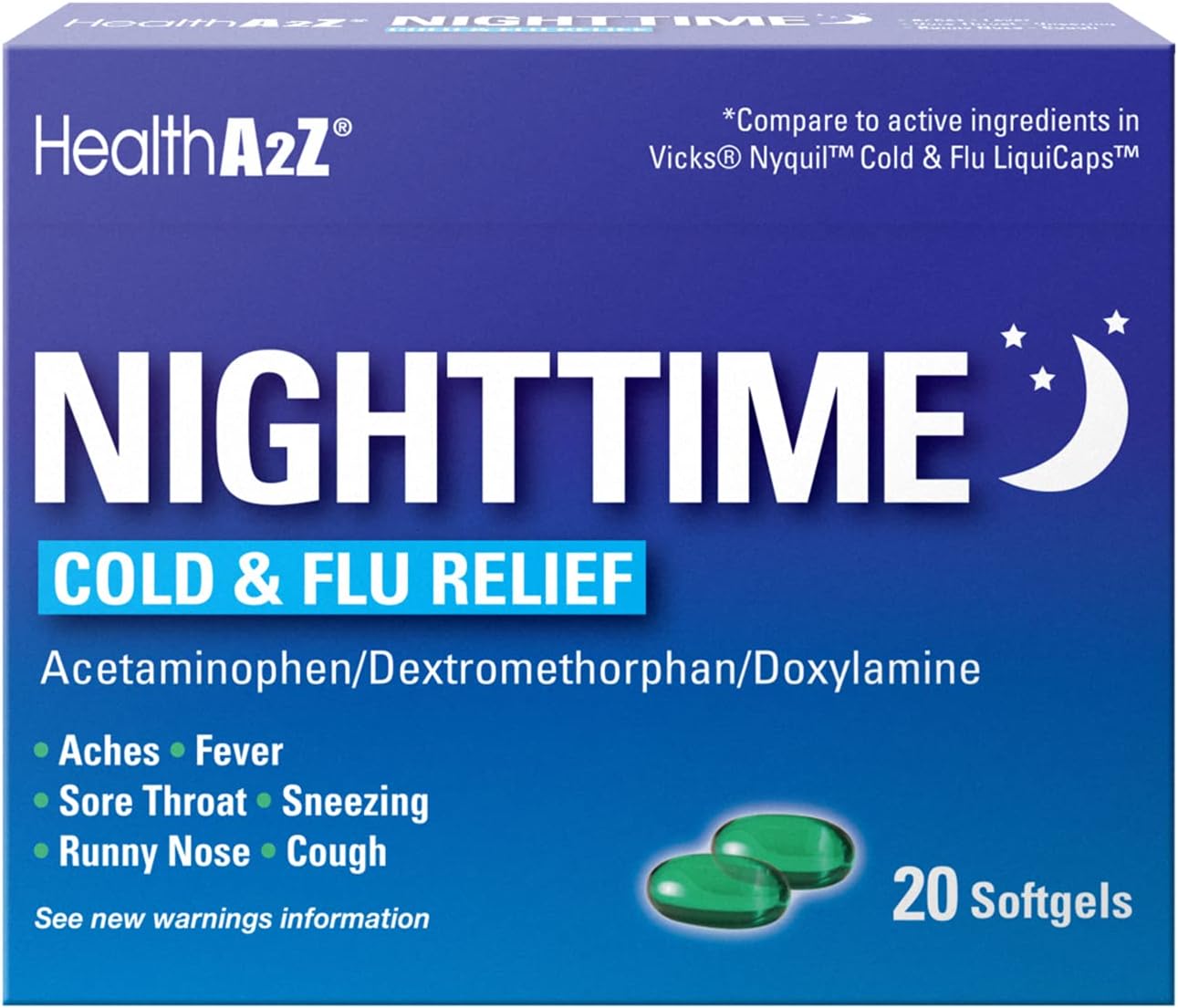 HealthA2Z® Nighttime, Cold & Flu Medicine, Powerful Multi-Symptom Daytime and Nighttime Relief (20 Softgels) - Image 2