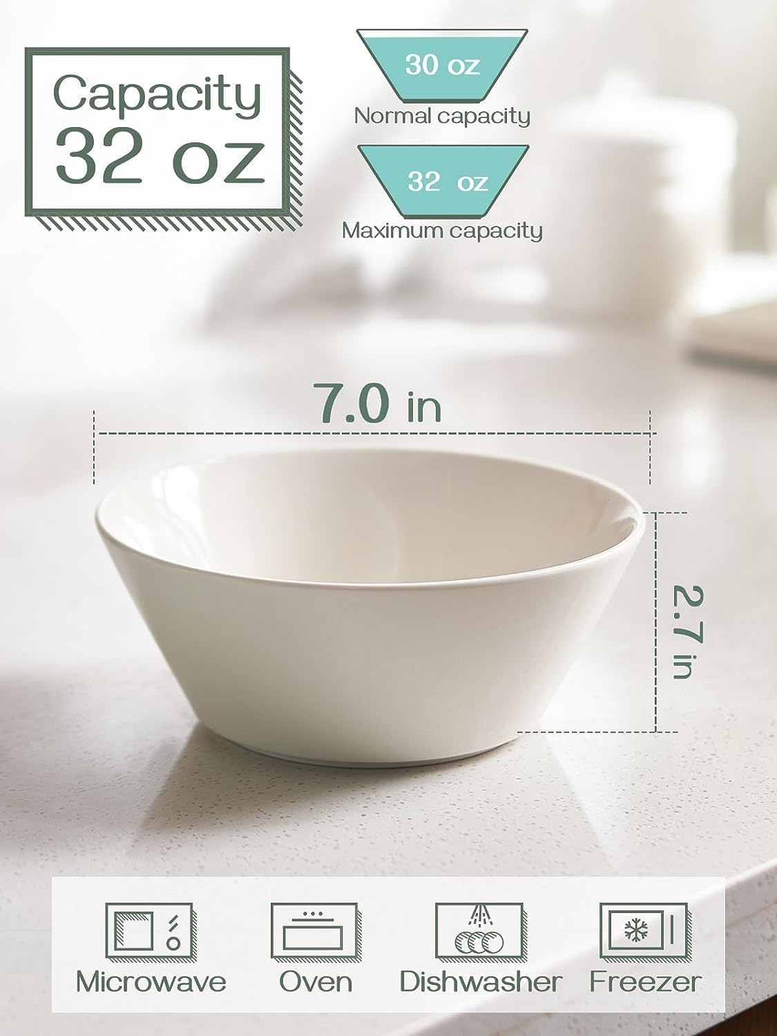 DOWAN 32 OZ Large Soup Bowls Set of 4 - White Ceramic Bowls for Kitchen, Deep Bowls for Cereal, Salad, Pasta, Fruits, Ramen, Dishwasher & Microwave Safe - Image 6