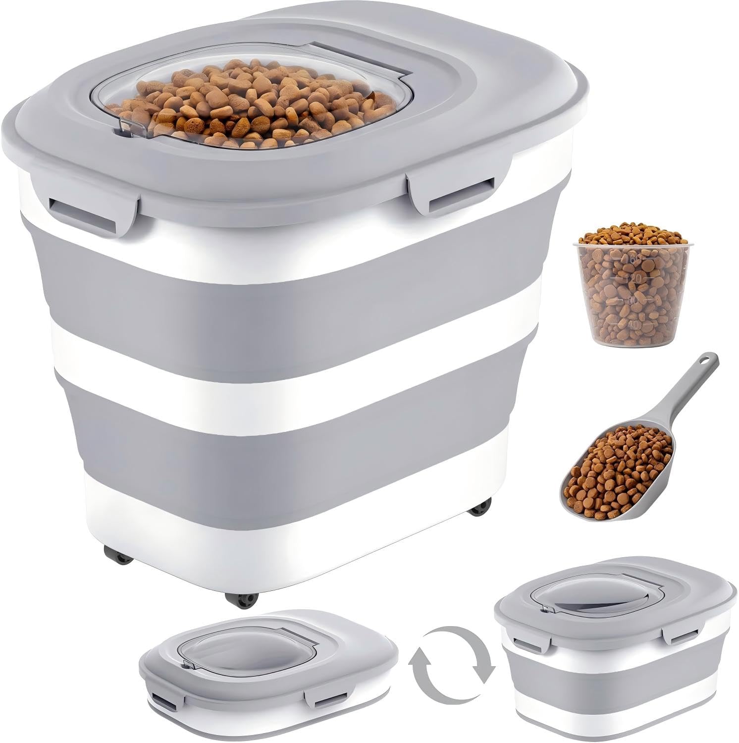 30 Lbs Dog Food Storage Container with Wheels, Collapsible Pet Food Storage Container with Clear Window, Measuring Cup & Scoop, BPA Free Cat Food Container for Rice, Flour, Grain, Bird Seed - Image 2