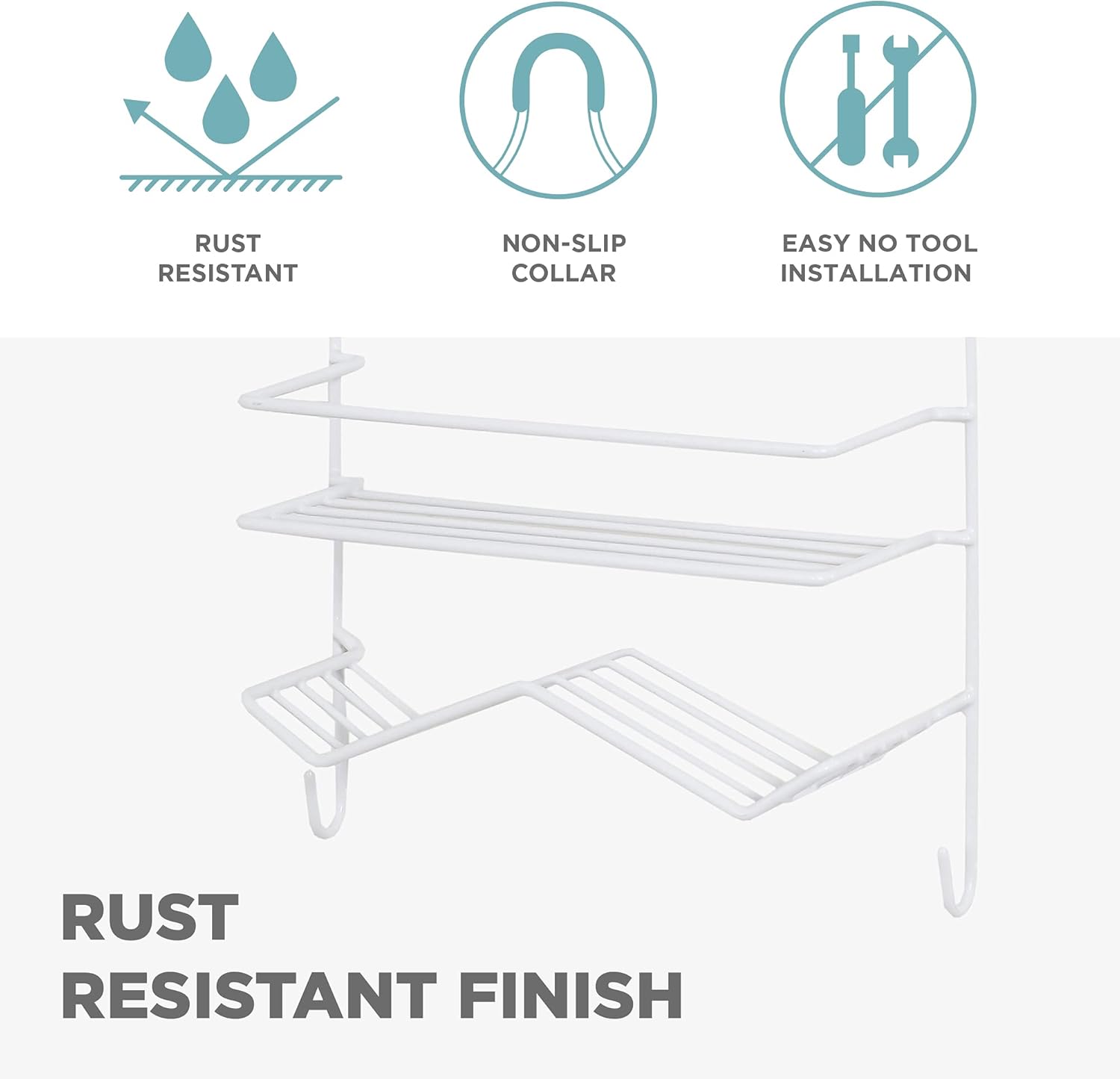 Zenna Home Rust Resistant Hanging Shower Caddy, Over the Shower Head Caddy with 1 Wide Shelf and Built In Soap Dish, Steel Bathroom Hanging Organizer, White - Image 6