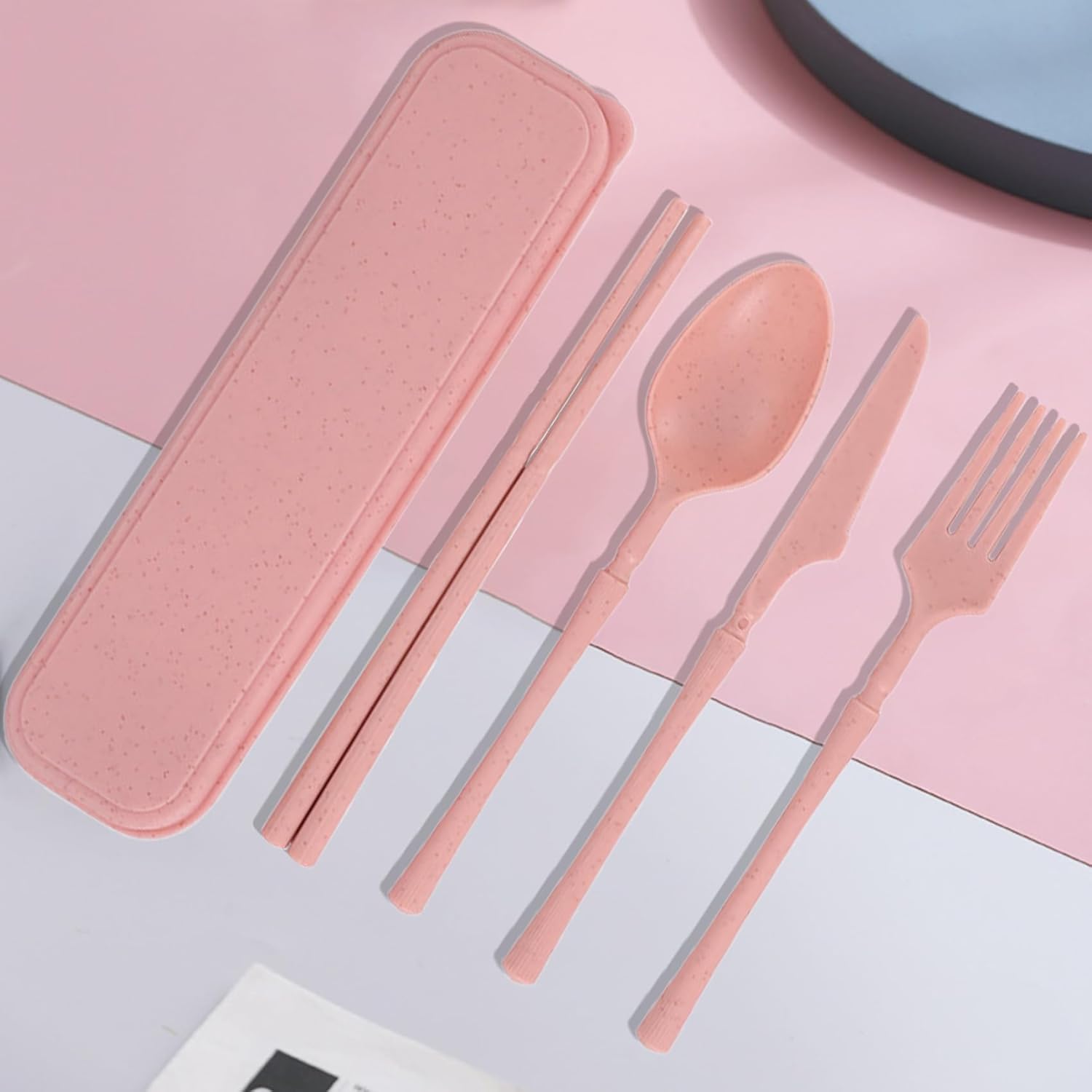 Reusable Travel Utensils Set with Case, Wheat Straw Portable Plastic Fork Spoon Knife Chopsticks Camping Cutlery, Eco-Friendly BPA Free Tableware Picnic Flatware for Kids Adults or Daily Use (Pink) - Image 5