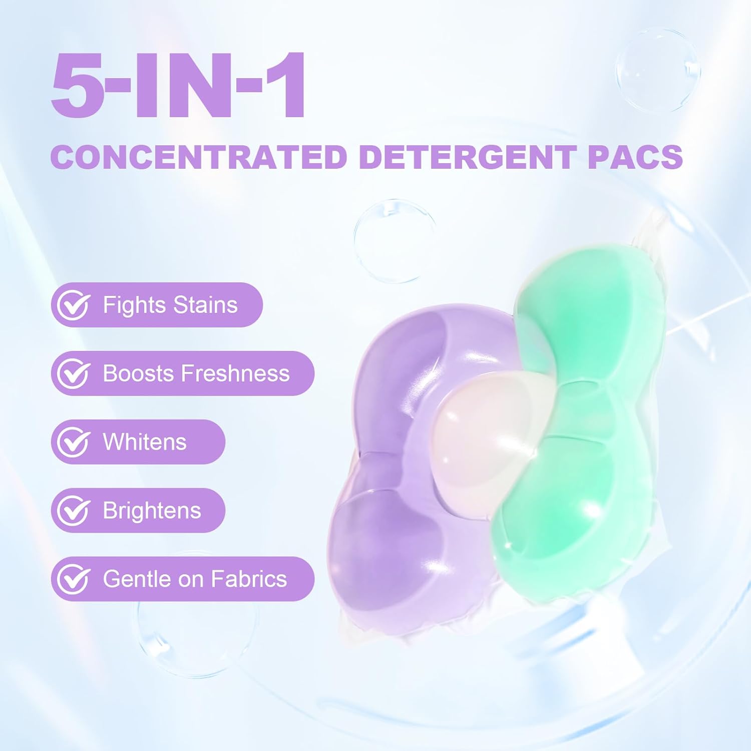 80-Count Laundry Detergent Pods, 5-in-1 Ultra Concentrated Pacs for Large Loads, 1 Pod Equals 2 Regular Ones, Stain Remover, Color Protector, Fabric Care, Deep Clean, HE Compatible (Pear & Freesia) - Image 5