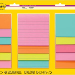 Post-it Super Sticky Notes, 15 Sticky Note Pads, Multi-Size., School Supplies, Office Products, 2X the Sticking Power, Supernova Neons Collection