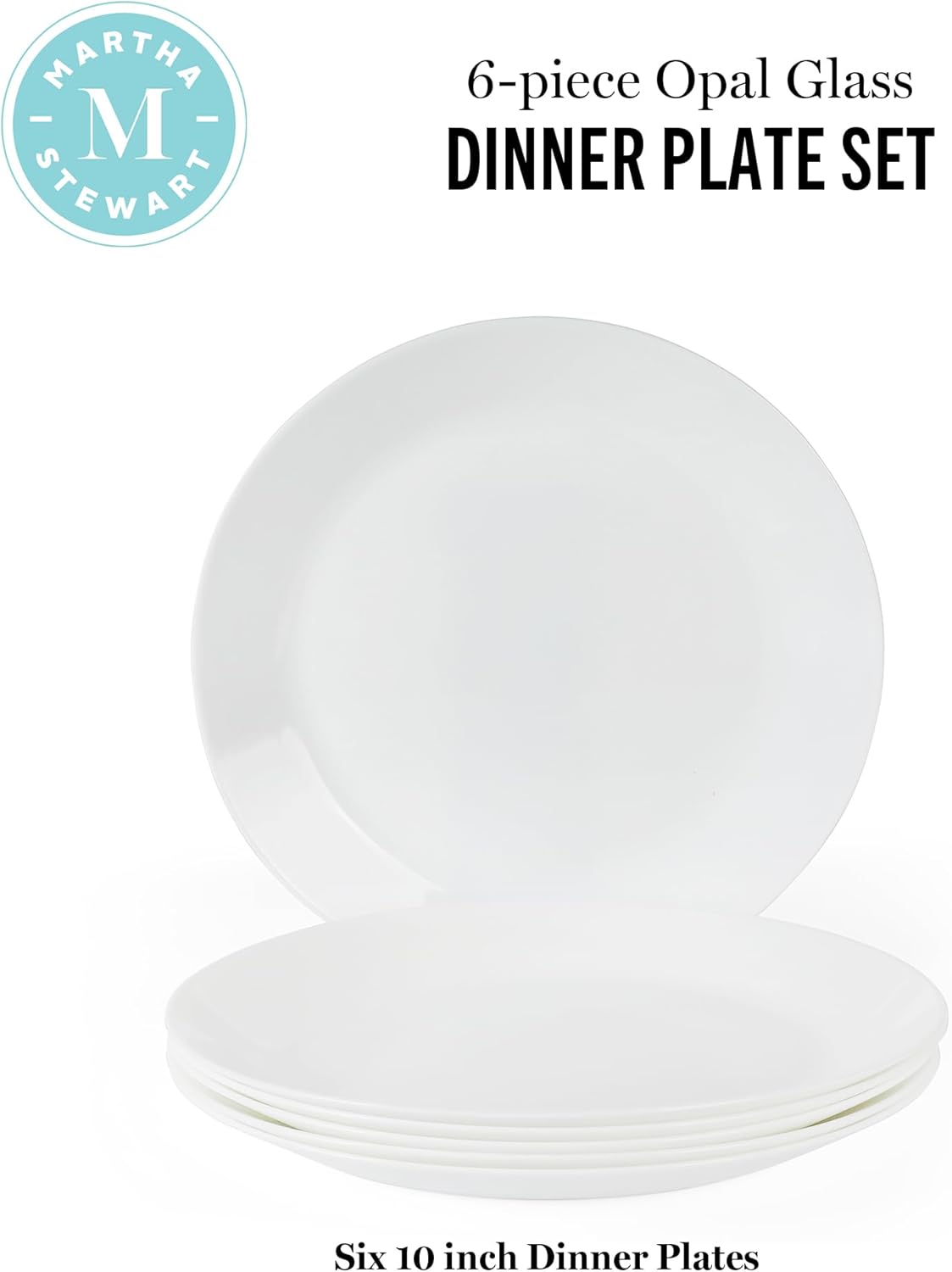 Martha Stewart Opalton Dinner Plates 6-Piece 10-Inch Plate Set – Chip and Break Resistant Opal Glass Plates - White - Image 4