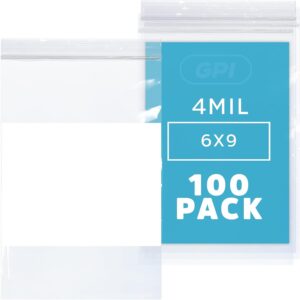 GPI – 6″ x 9″ – Bulk Pack of 100, 4 Mil Thick, Heavy Duty, Clear Plastic Reclosable Zip Bags, With Write-on White Block for Labeling, Strong & Durable Poly Baggies With Resealable Zipper Top Lock.