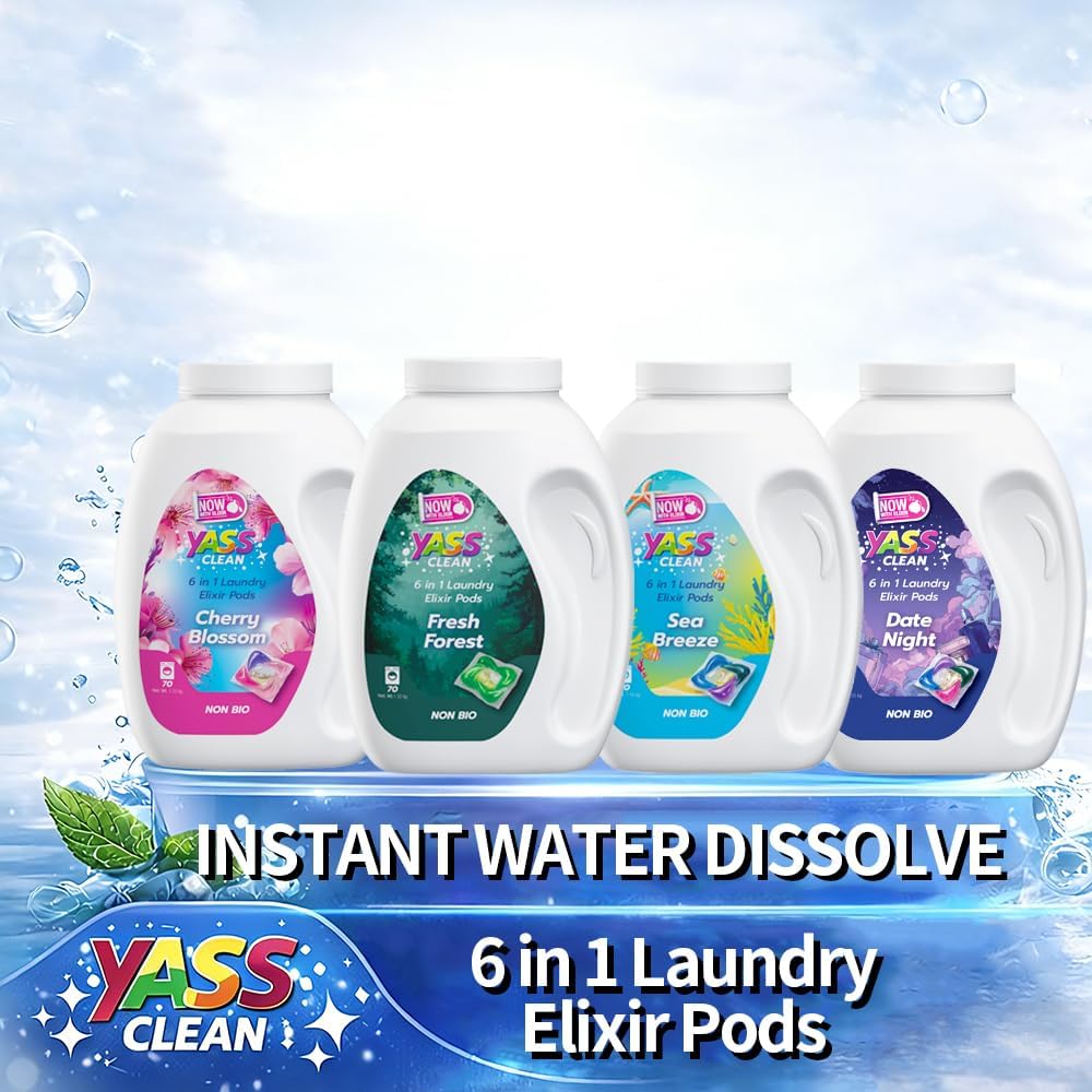Yass Clean 6-in-1 Laundry Detergent Pods, Odor Defense & Stain Remover, Laundry Pacs with Fresh Cherry Blossom Scent, HE Compatible, 70 Count - Image 10