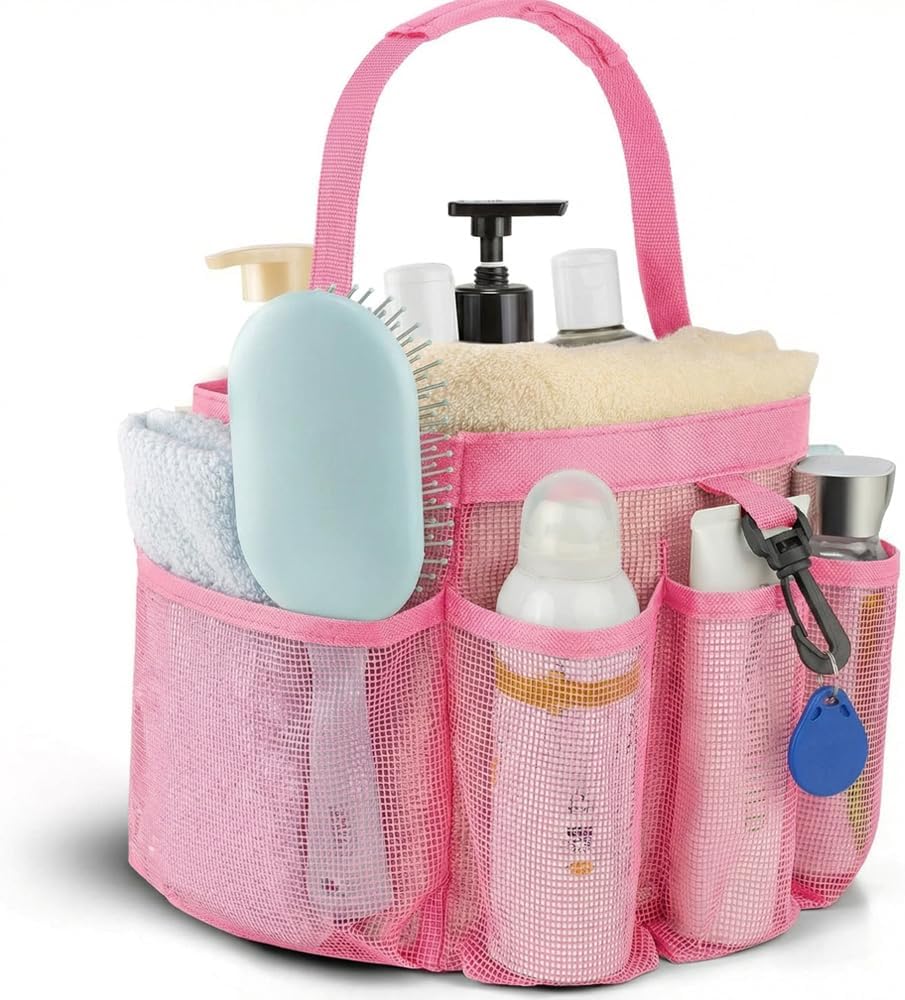 Mesh Shower Caddy Portable for College Dorm Room Essentials,Hanging Shower Caddy Dorm Basket with 8 Pockets,Quick Dry Shower Bag for Bathroom,Beach,Swimming,Gym (Light Pink) - Image 2