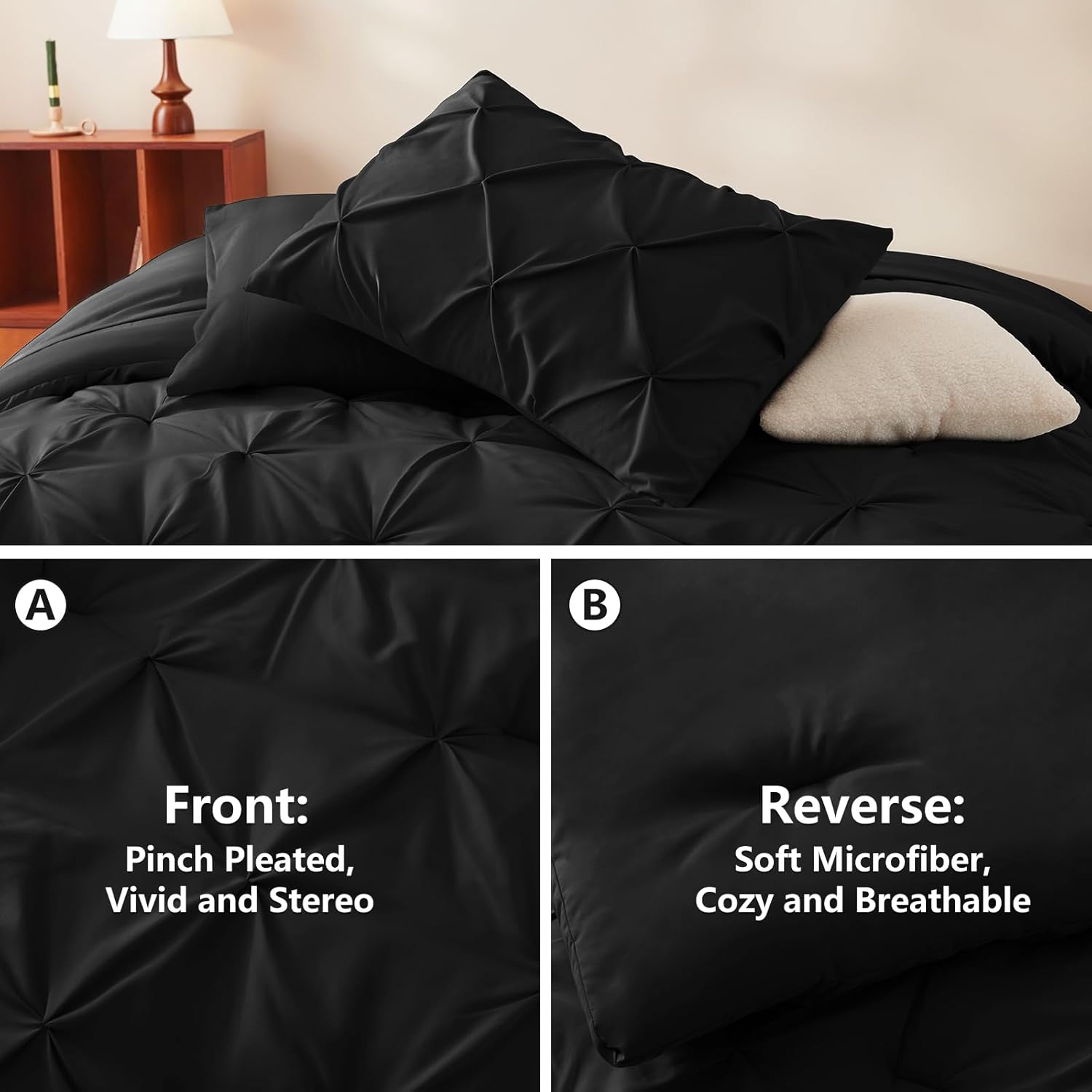 Queen Comforter Set Black - 7 Pieces Pintuck Bed in a Bag, Pinch Pleat Modern Room Decor, All-Season Soft Bedding Gift with Comforter, Sheets, Pillowcases & Shams - Image 4