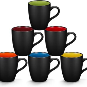 Qipecedm 6 Pack Porcelain Coffee Mugs Set, 12 Ounces Ceramic Coffee Mugs, Matte Black Coffee Mug, Restaurant Cups for Coffee, Tea, Cappuccino, Cocoa, Cereal, Black outside and Colorful inside