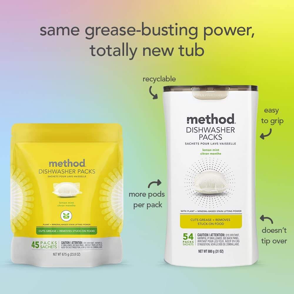 Method Dishwasher Detergent Packs, Lemon Mint, Dishwashing Rinse Aid to Lift Tough Grease and Stains, 54 Dishwasher Tabs per Package, (Pack of 2) - Image 5
