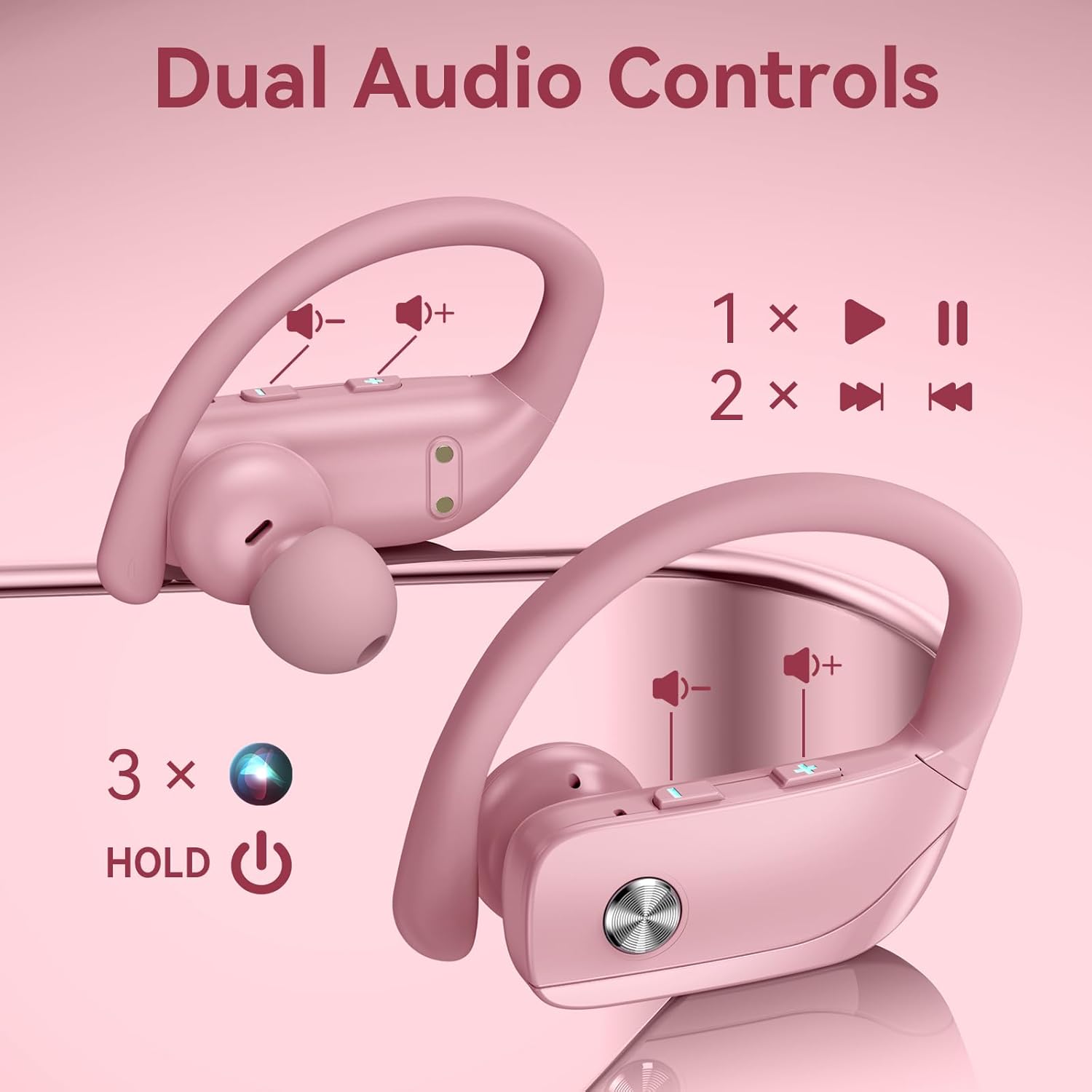 bmani Ear Buds Wireless Earbuds Bluetooth Headphones with 80H Playtime LED Display Case, Over-Ear Hook with Mic, Stereo Sound, Easy Button Controls, Sports Earphones for Running Workout Gym Pink - Image 4