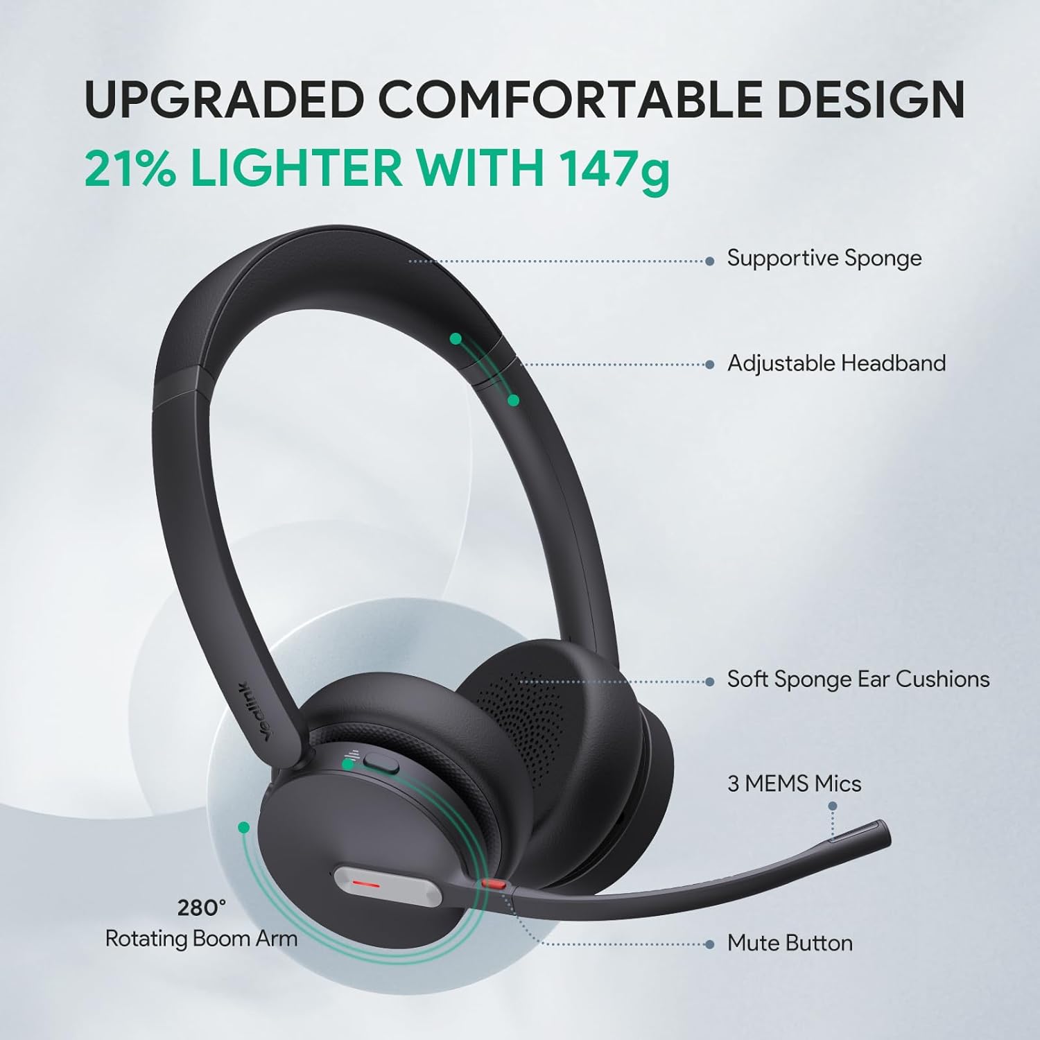 Yealink BH70 UC Wireless Bluetooth Headset with Microphone for Work, up to 35h Talking Battery, Teams UC Compatible Headsets for Computer Mobile, 147g Lightweight Headphone for Open Office 50m Range - Image 6