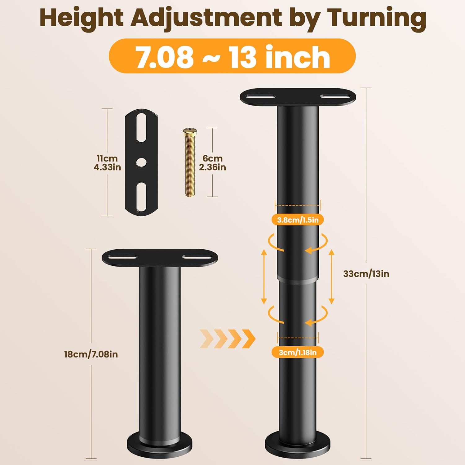 Abiglifty 7.08-13 Inch Bed Frame Legs, 4Pcs Adjustable Bed Support Legs, Metal Bed Frame Support Legs, Non-Slip Bed Legs Replacement, Heavy Duty Furniture Legs for Sofa/Cabinet/Couch/Dresser/Table - Image 3
