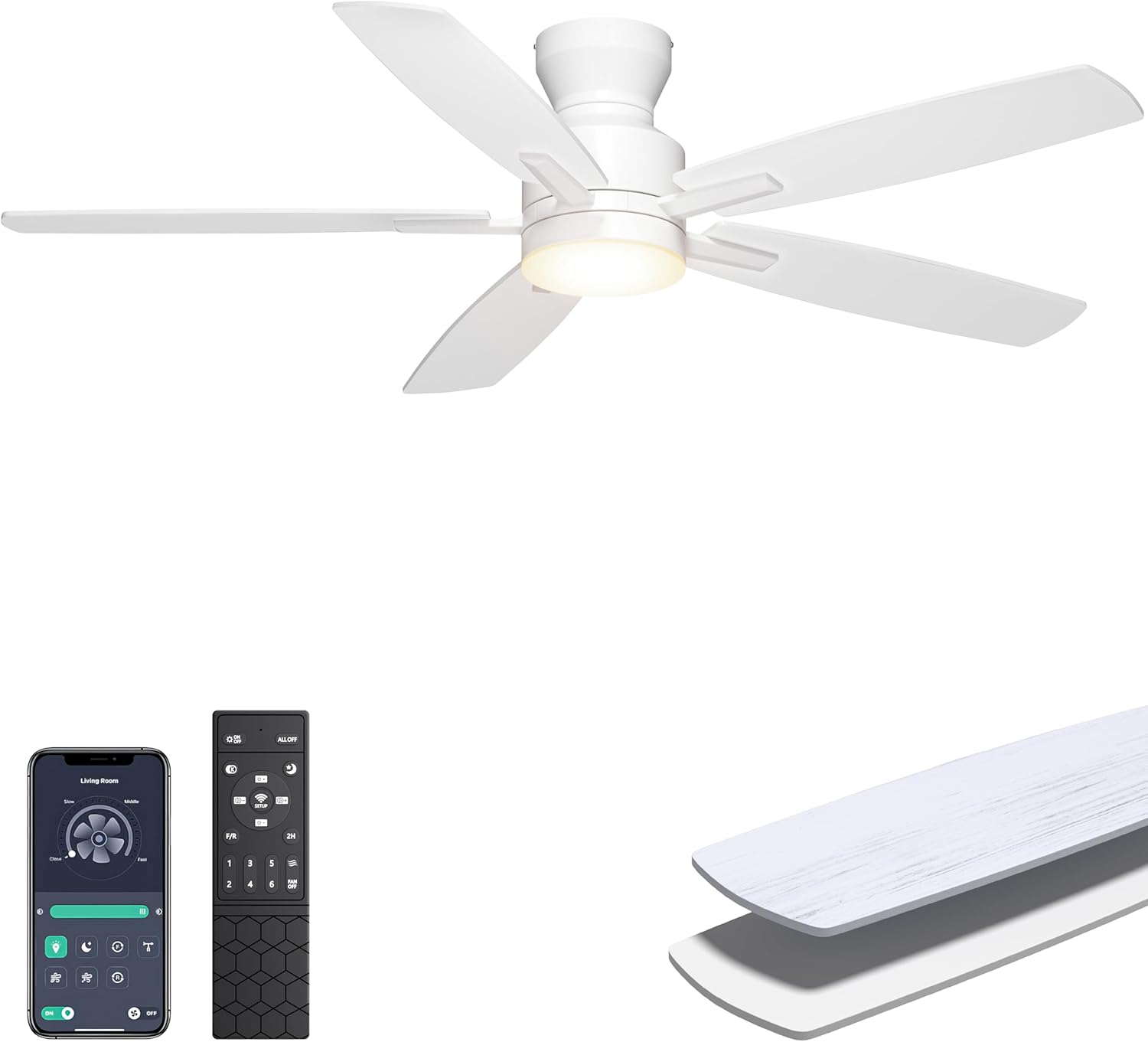 Ohniyou Ceiling Fans with Lights, 52'' Low Profile Ceiling Fan with Light and Remote/APP Control, Modern Flush Mount Ceiling Fan for Indoor Bedroom Living Room, Dimmable, Quiet DC Motor, White - Image 10