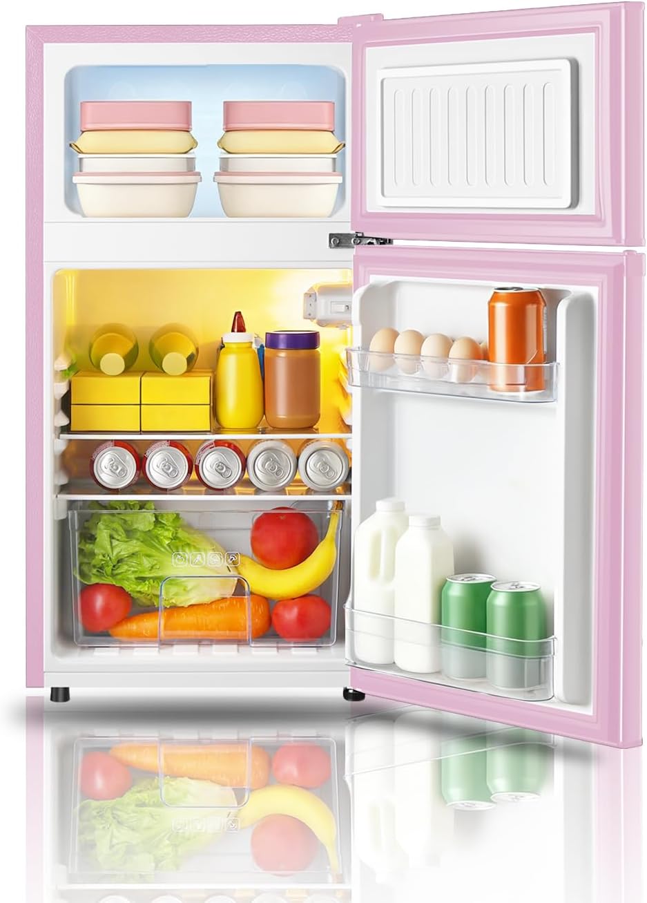 Saeoola Mini Fridge with Freezer, 3.2 Cu.Ft, 2 Doors Compact Mini Refrigerator with Separate Freezer for Dorm, Bedroom, Office, Apartment with 7-Level Temperature Control, Removable Shelves (Pink) - Image 3