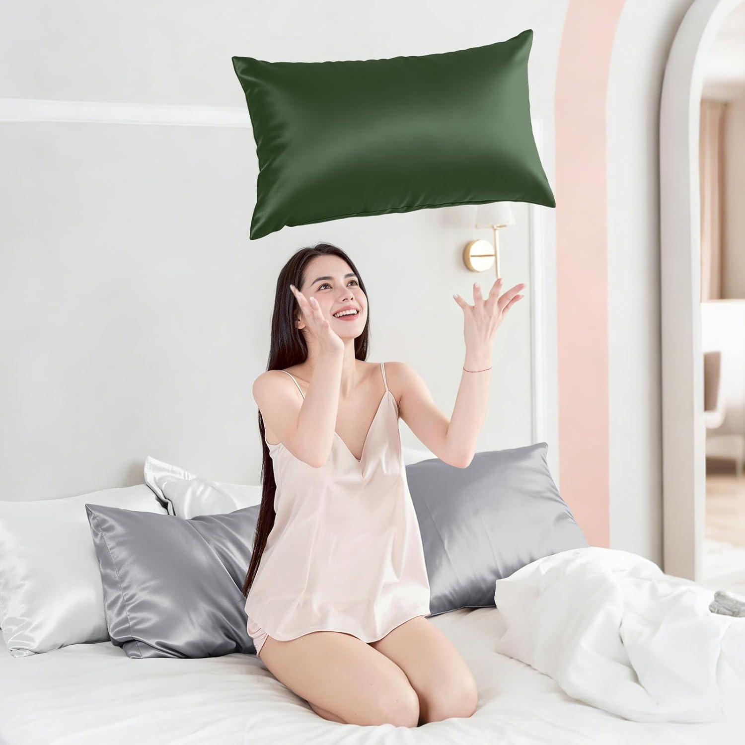 Silk Pillow Cases for Hair and Skin Mulberry Silk Pillowcase Soft Breathable Smooth Both Sided Natural Silk Pillow Cases with Zipper Beauty Sleep1 Pack for Gift(Standard,Green) - Image 6