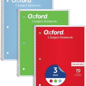 Oxford 1-Subject Notebooks, Notebooks for School, 8 x 10.5 Inches, College Rule, 70 Sheets, Assorted Primary Colors, 3 Pack, Colors May Vary (1006792)
